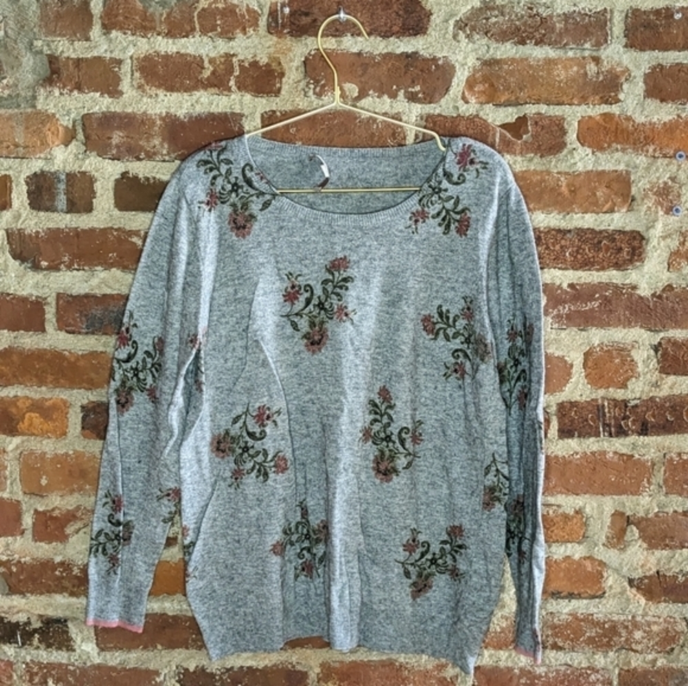 Loft‎ Large Wide Crew Neck Pullover Sweater w/ Flower Accents